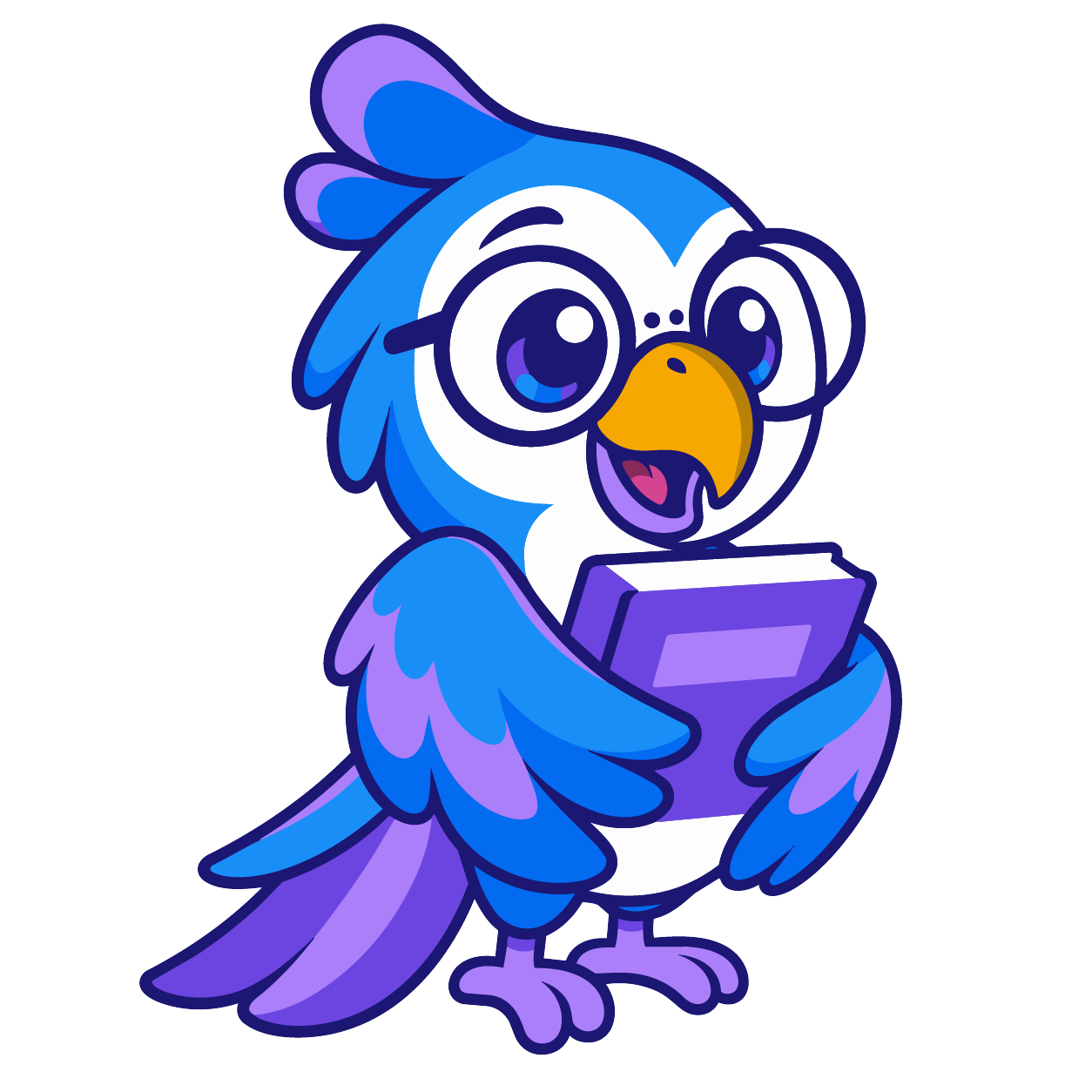 Mascote BySchool: coruja azul e roxa, de óculos, segurando um livro
